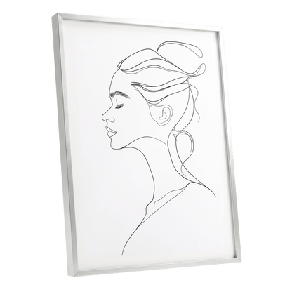 Quiet Profile, black, white minimalist wall art shown as a silver framed poster wall art print