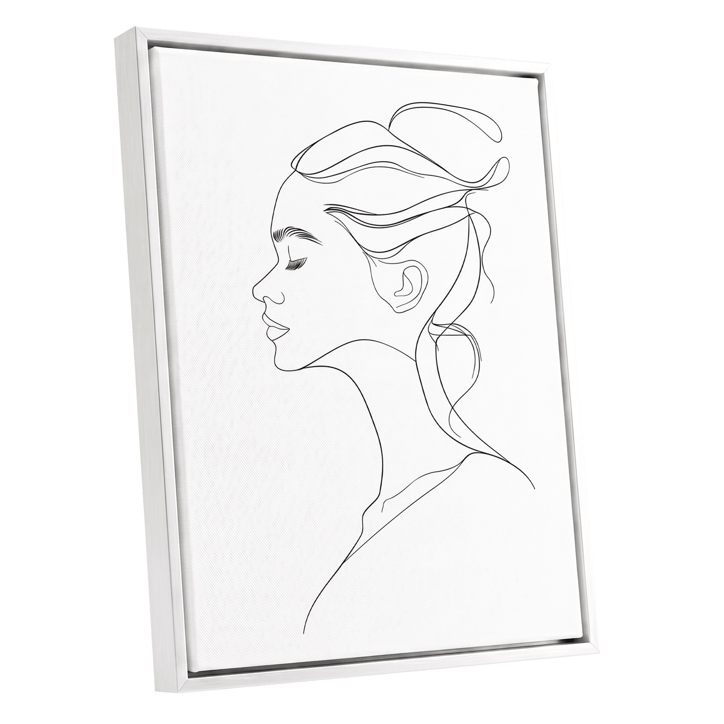 Quiet Profile, black, white minimalist wall art shown as a white framed canvas wall art