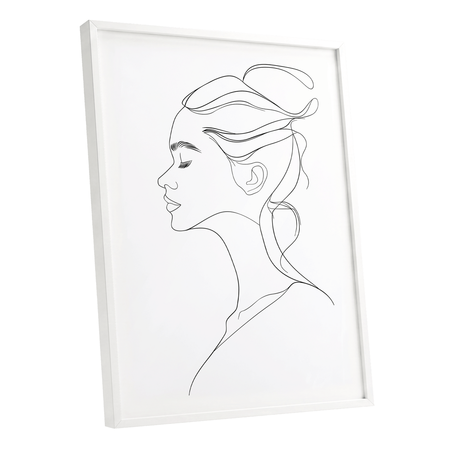 Quiet Profile, black, white minimalist wall art shown as a white framed poster wall art print