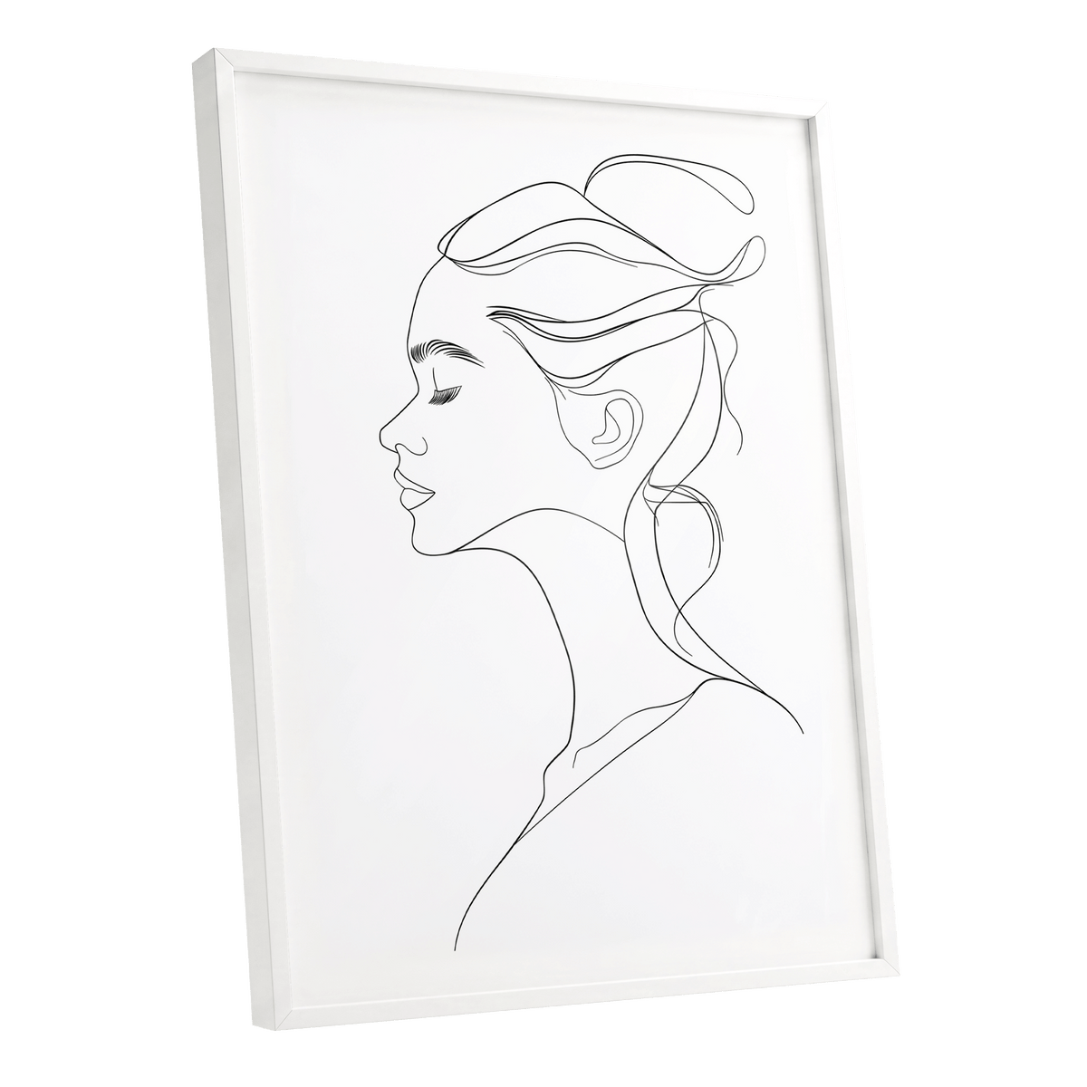 Quiet Profile, black, white minimalist wall art shown as a white framed poster wall art print