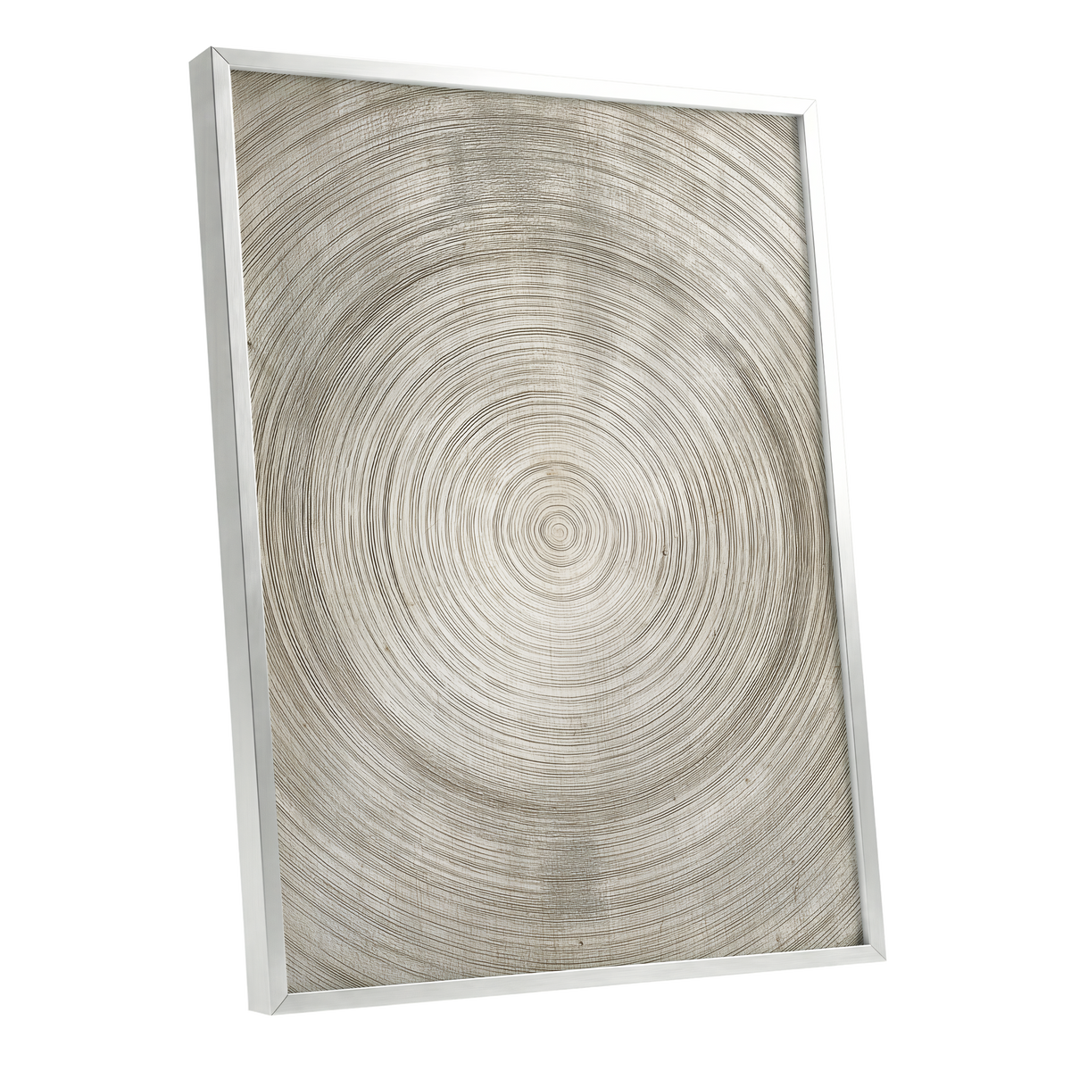 Quiet Rings, beige, brown, gray nature wall art shown as a silver framed poster wall art print