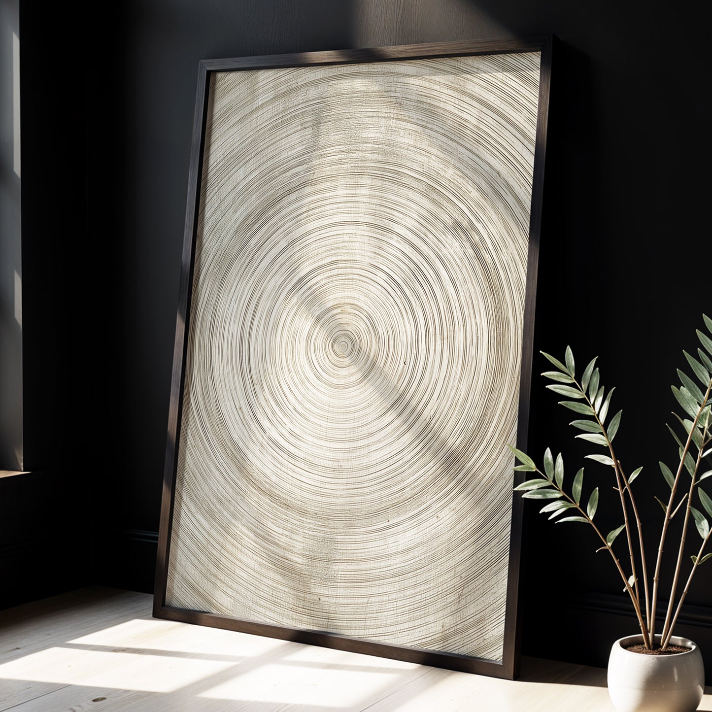 Quiet Rings, beige, brown, gray nature wall art displayed in a styled interior, gallery view 2