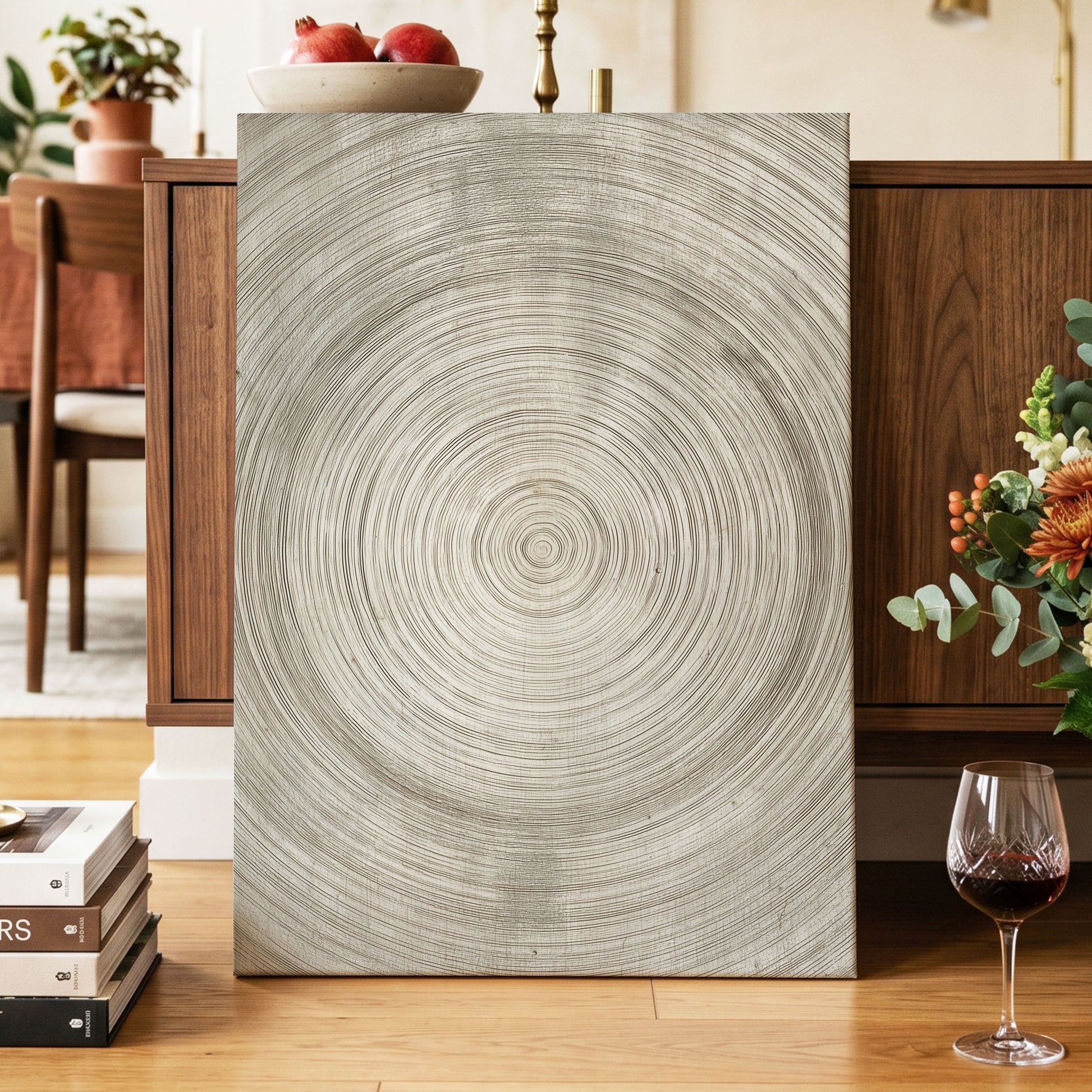 Quiet Rings, beige, brown, gray nature wall art displayed in a styled interior, gallery view 3