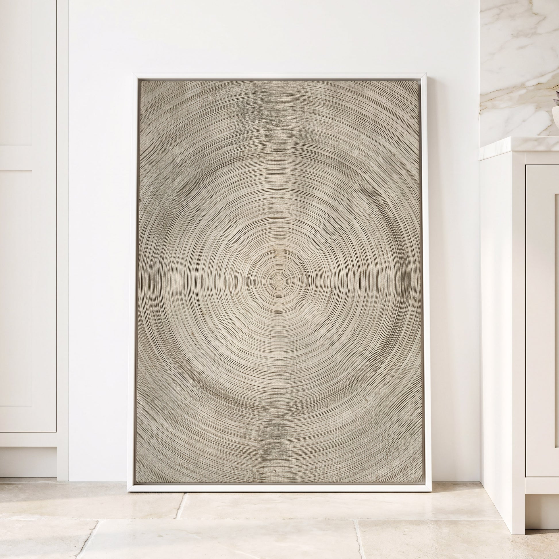 Quiet Rings, beige, brown, gray nature wall art displayed in a styled interior, gallery view 4