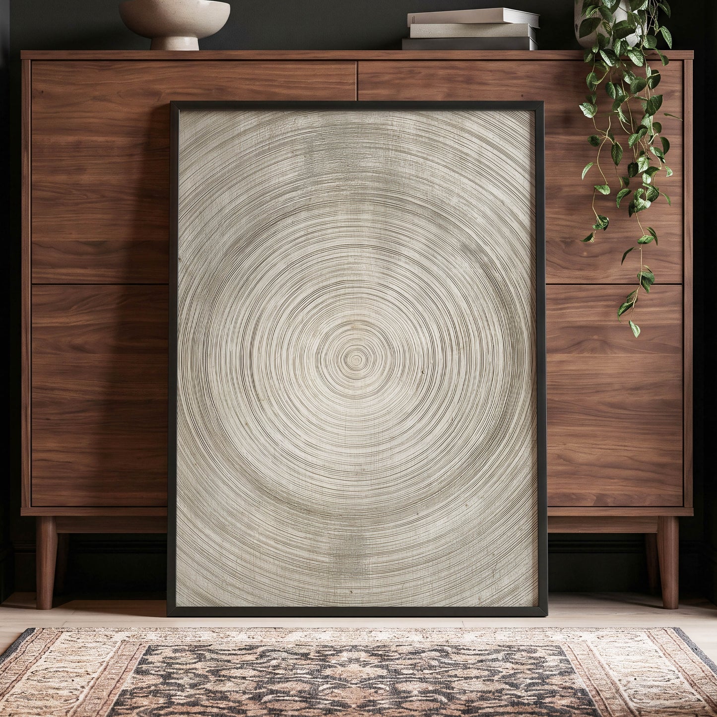 Quiet Rings, beige, brown, gray nature wall art displayed in a styled interior, gallery view 6