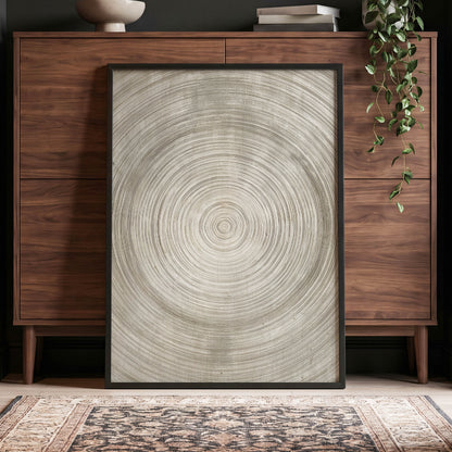 Quiet Rings, beige, brown, gray nature wall art displayed in a styled interior, gallery view 6