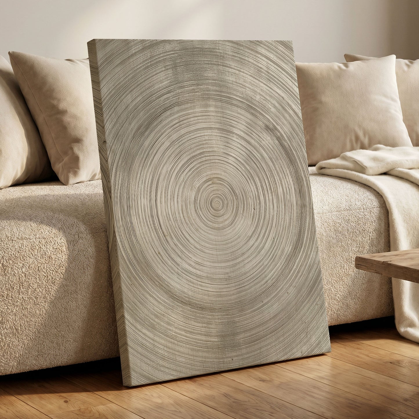 Quiet Rings, beige, brown, gray nature wall art displayed in a styled interior, gallery view 7