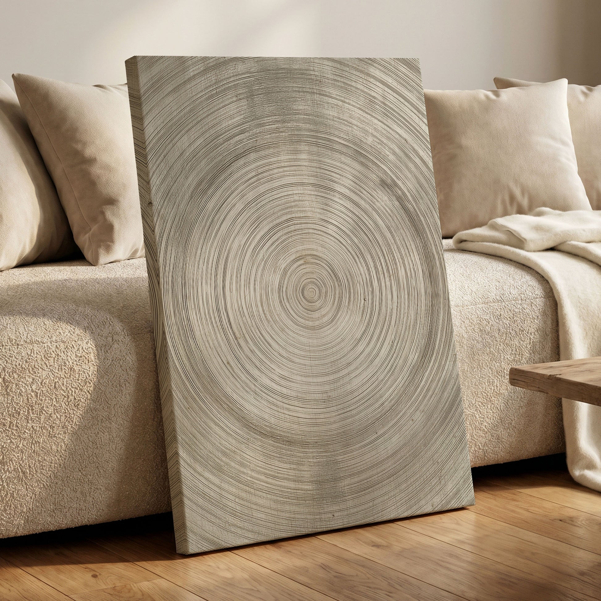 Quiet Rings, beige, brown, gray nature wall art displayed in a styled interior, gallery view 7