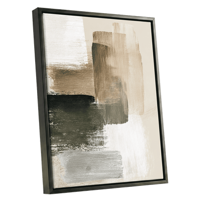 Quiet Strata, green, brown, beige abstract wall art shown as a black framed canvas wall art