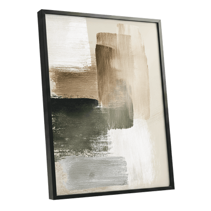 Quiet Strata, green, brown, beige abstract wall art shown as a black framed poster wall art print
