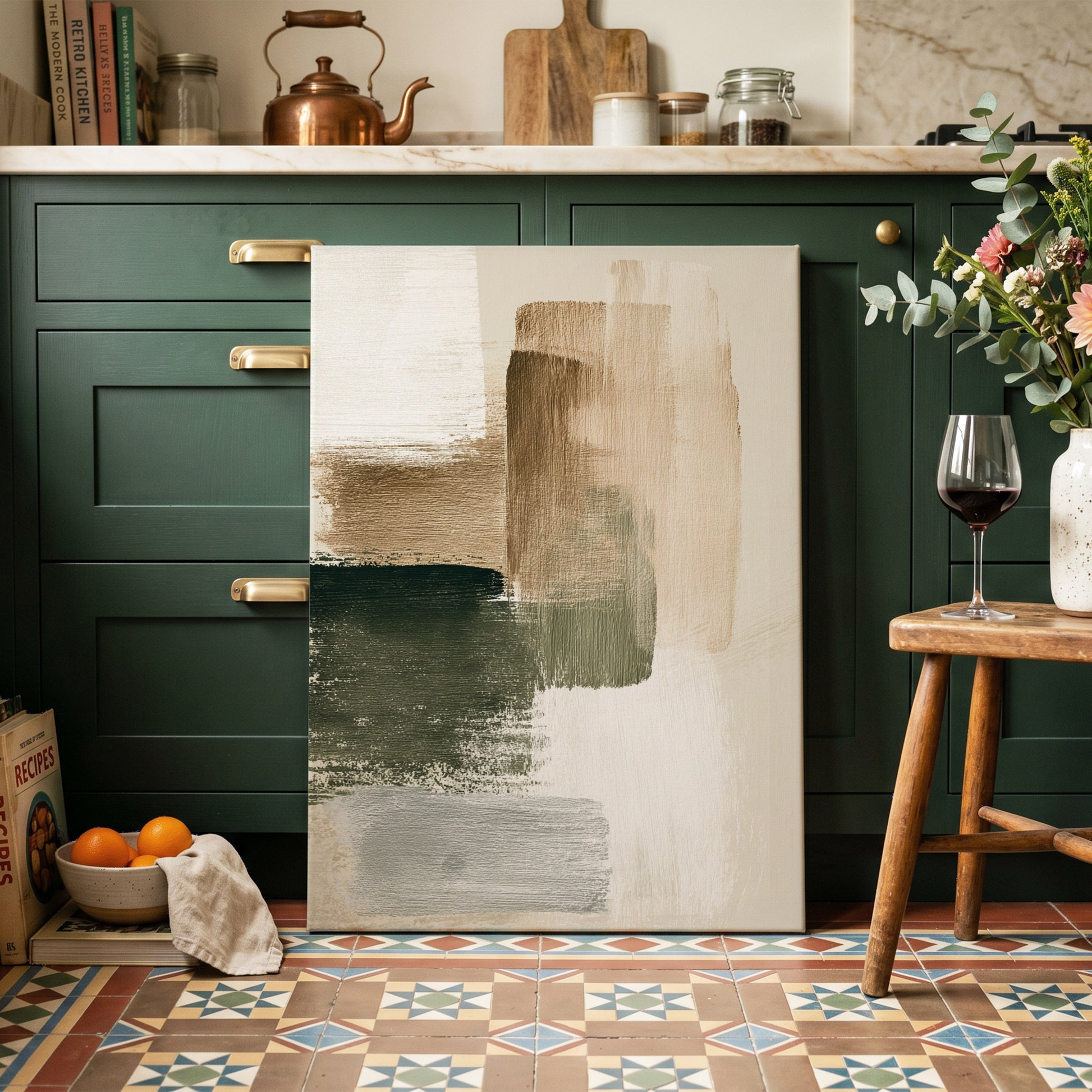 Quiet Strata, green, brown, beige abstract wall art on canvas displayed in a styled interior, gallery view 1