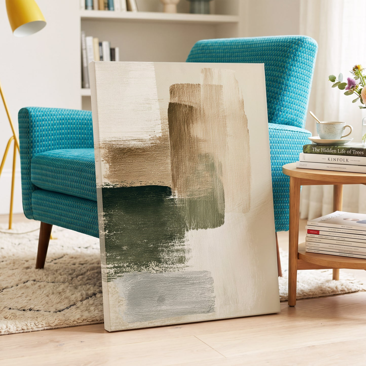 Quiet Strata, green, brown, beige abstract wall art on canvas displayed in a styled interior, gallery view 2