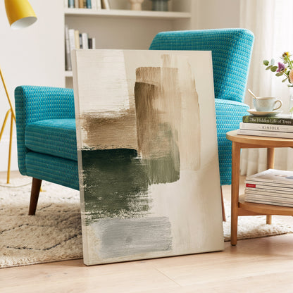 Quiet Strata, green, brown, beige abstract wall art on canvas displayed in a styled interior, gallery view 2