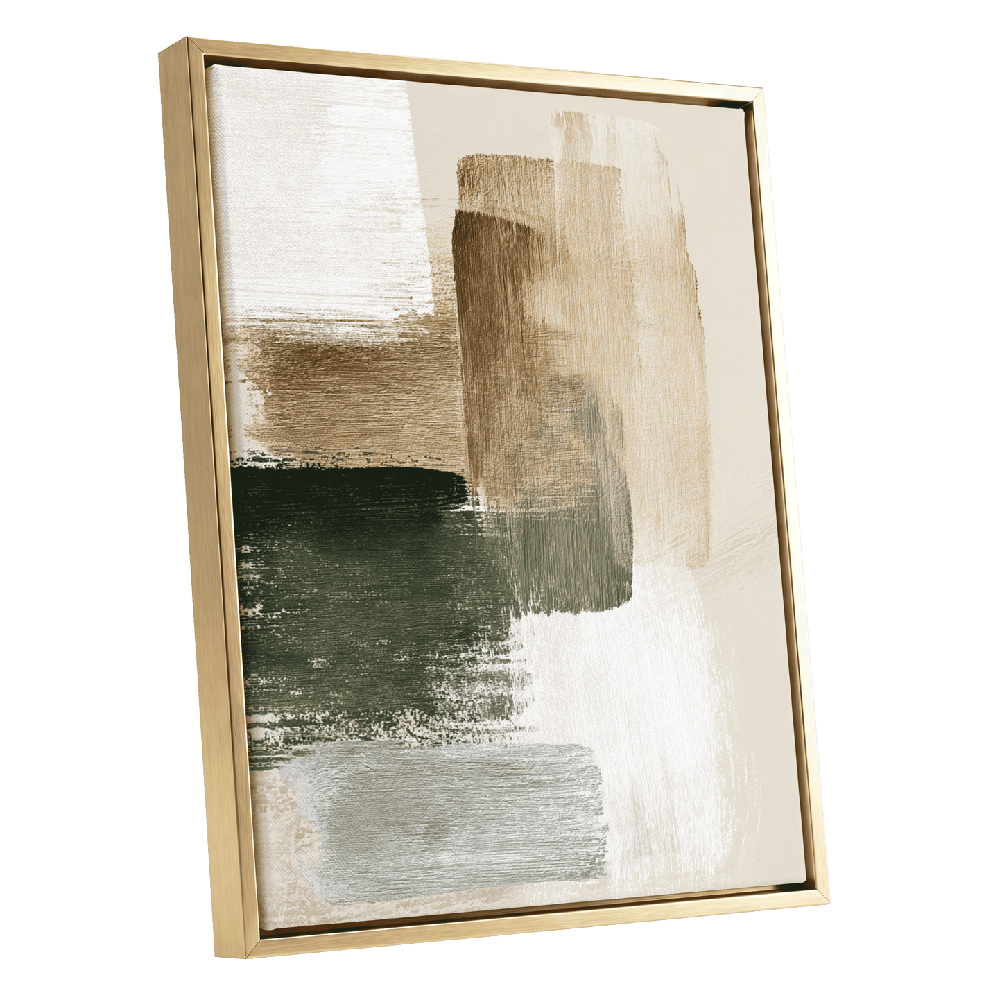 Quiet Strata, green, brown, beige abstract wall art shown as a gold framed canvas wall art