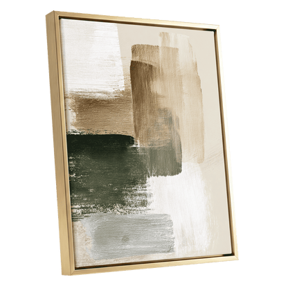 Quiet Strata, green, brown, beige abstract wall art shown as a gold framed canvas wall art