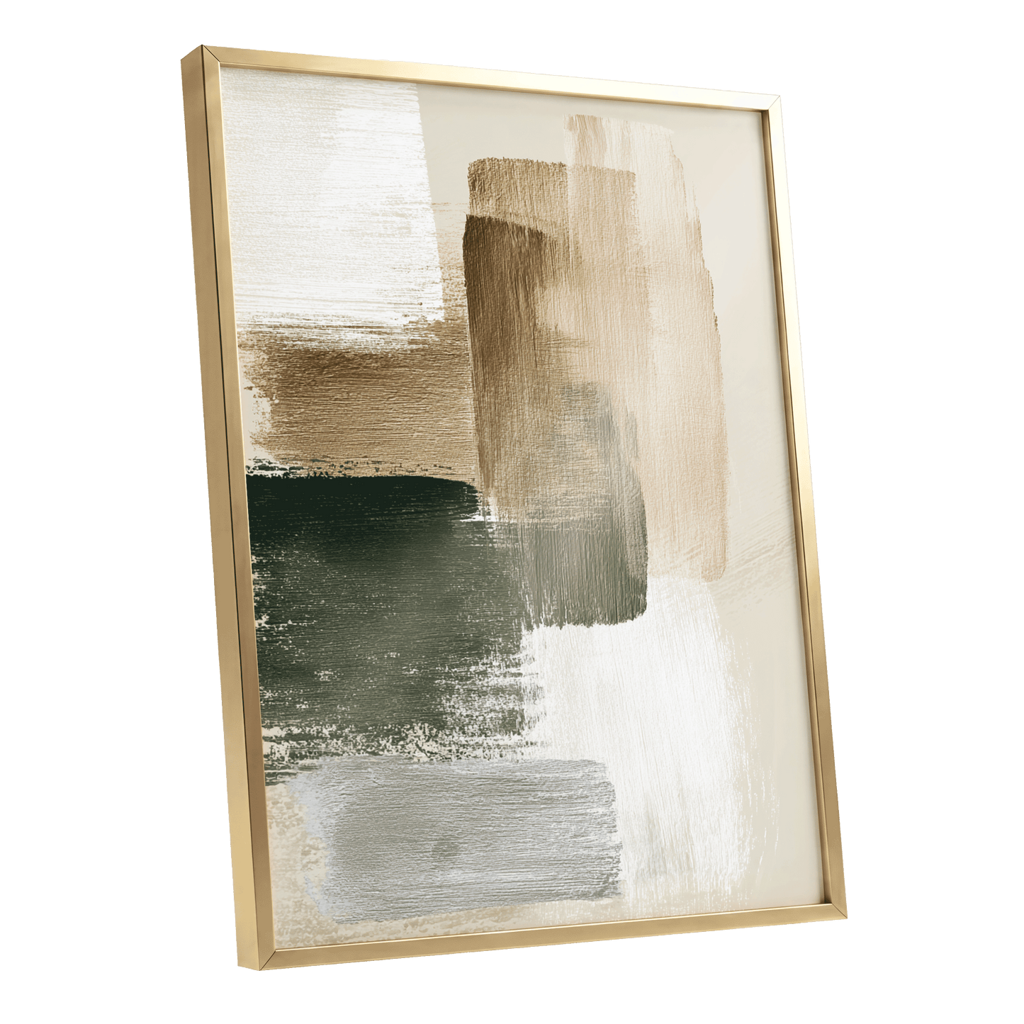 Quiet Strata, green, brown, beige abstract wall art shown as a gold framed poster wall art print