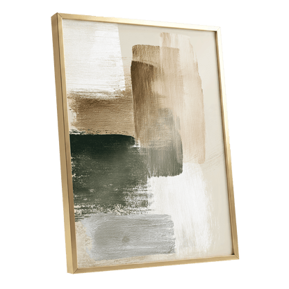 Quiet Strata, green, brown, beige abstract wall art shown as a gold framed poster wall art print