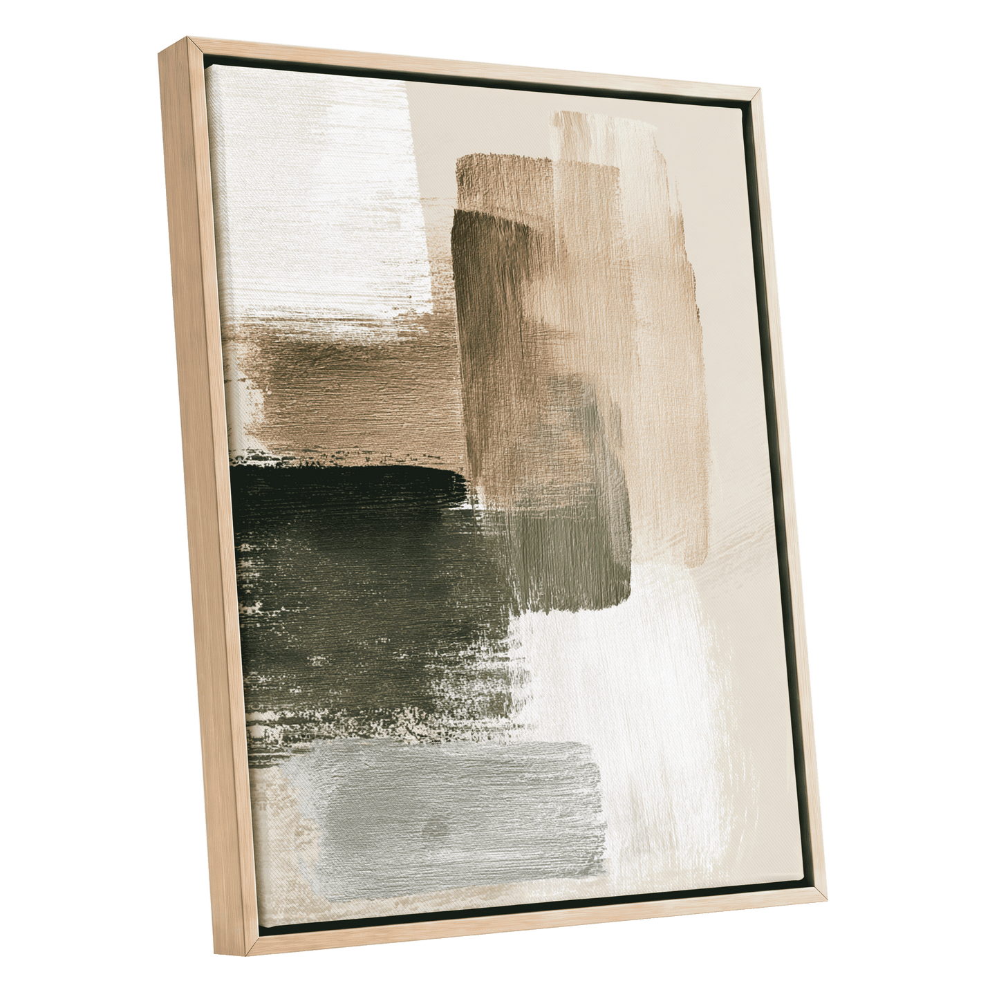 Quiet Strata, green, brown, beige abstract wall art shown as a oak framed canvas wall art