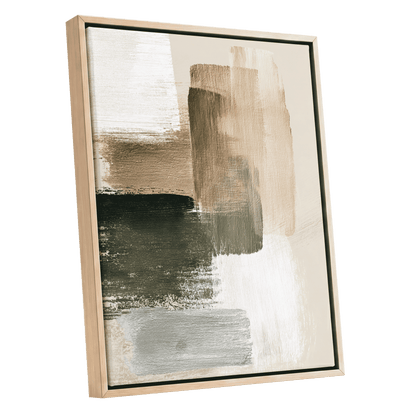 Quiet Strata, green, brown, beige abstract wall art shown as a oak framed canvas wall art