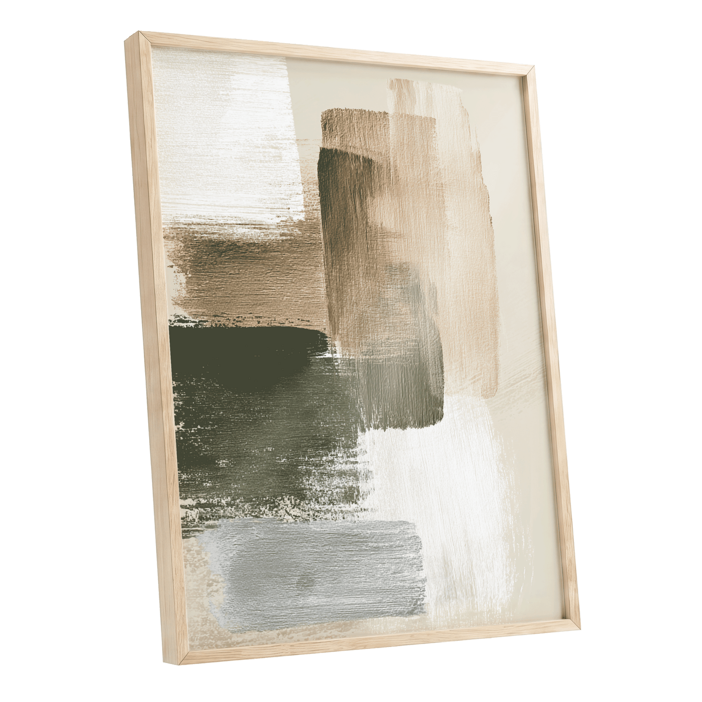 Quiet Strata, green, brown, beige abstract wall art shown as a oak framed poster wall art print