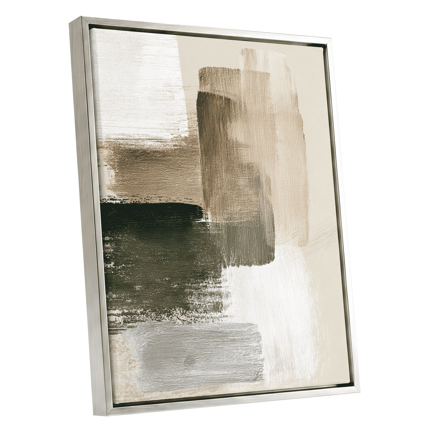 Quiet Strata, green, brown, beige abstract wall art shown as a silver framed canvas wall art