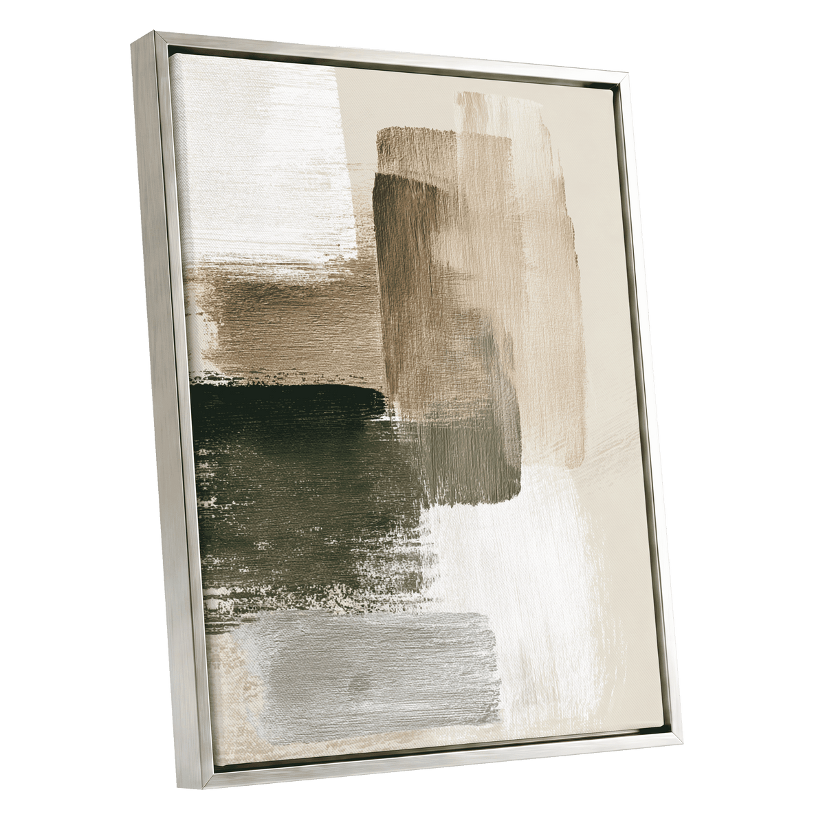 Quiet Strata, green, brown, beige abstract wall art shown as a silver framed canvas wall art