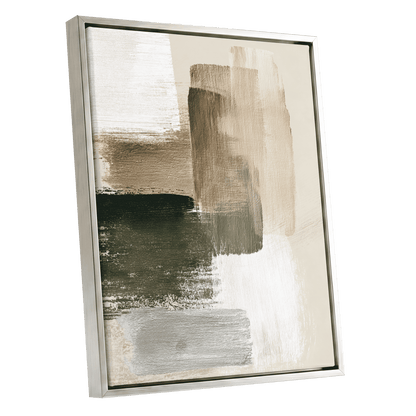 Quiet Strata, green, brown, beige abstract wall art shown as a silver framed canvas wall art