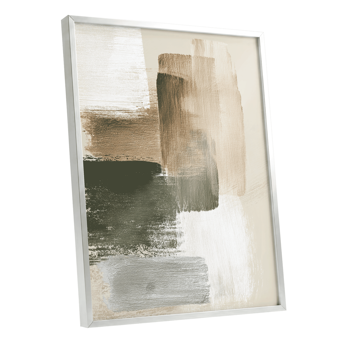 Quiet Strata, green, brown, beige abstract wall art shown as a silver framed poster wall art print