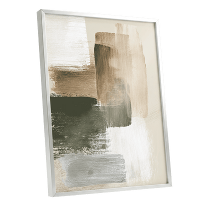 Quiet Strata, green, brown, beige abstract wall art shown as a silver framed poster wall art print