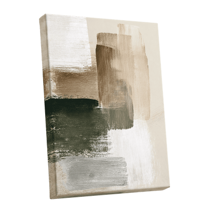 Quiet Strata, green, brown, beige abstract wall art shown as a stretched canvas wall art