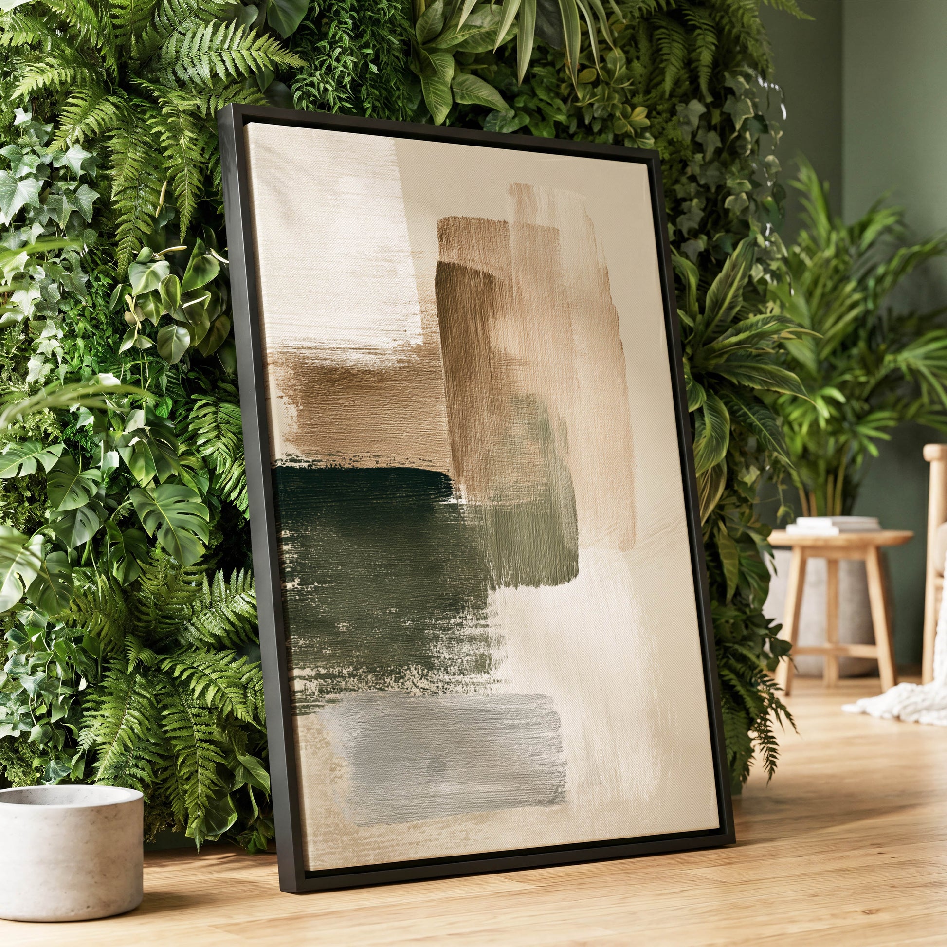 Quiet Strata, green, brown, beige abstract wall art displayed in a styled interior, gallery view 1