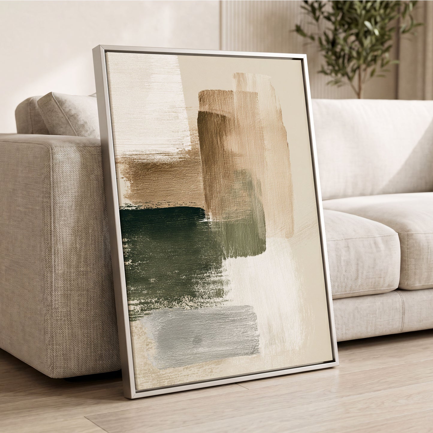 Quiet Strata, green, brown, beige abstract wall art displayed in a styled interior, gallery view 2