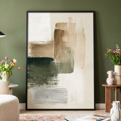 Quiet Strata, green, brown, beige abstract wall art displayed in a styled interior, gallery view 4