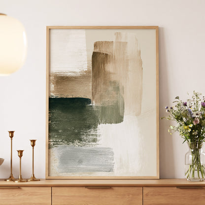 Quiet Strata, green, brown, beige abstract wall art displayed in a styled interior, gallery view 5