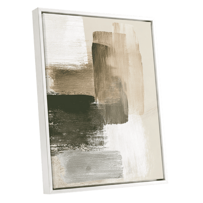 Quiet Strata, green, brown, beige abstract wall art shown as a white framed canvas wall art