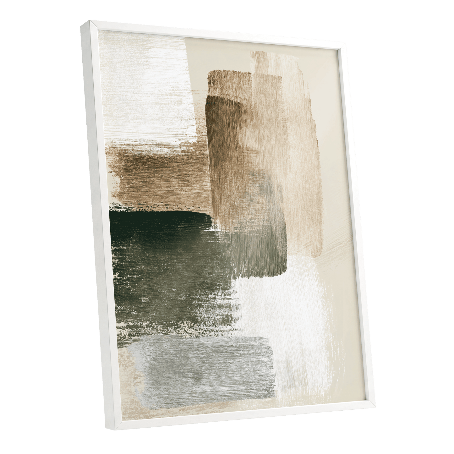 Quiet Strata, green, brown, beige abstract wall art shown as a white framed poster wall art print