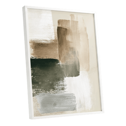 Quiet Strata, green, brown, beige abstract wall art shown as a white framed poster wall art print