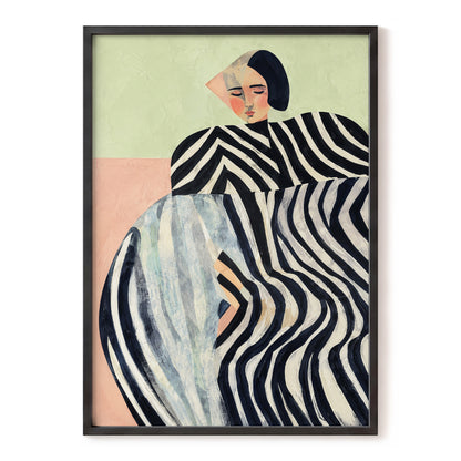 Quiet Stripe Reverie, black, beige, green abstract wall art, front artwork view