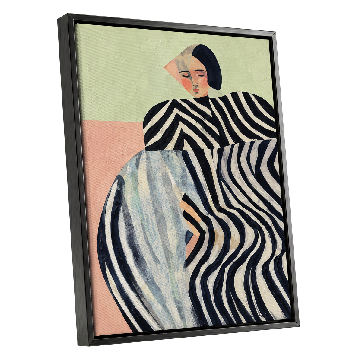 Quiet Stripe Reverie, black, beige, green abstract wall art shown as a black framed canvas wall art