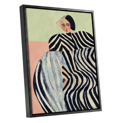Quiet Stripe Reverie, black, beige, green abstract wall art shown as a black framed canvas wall art