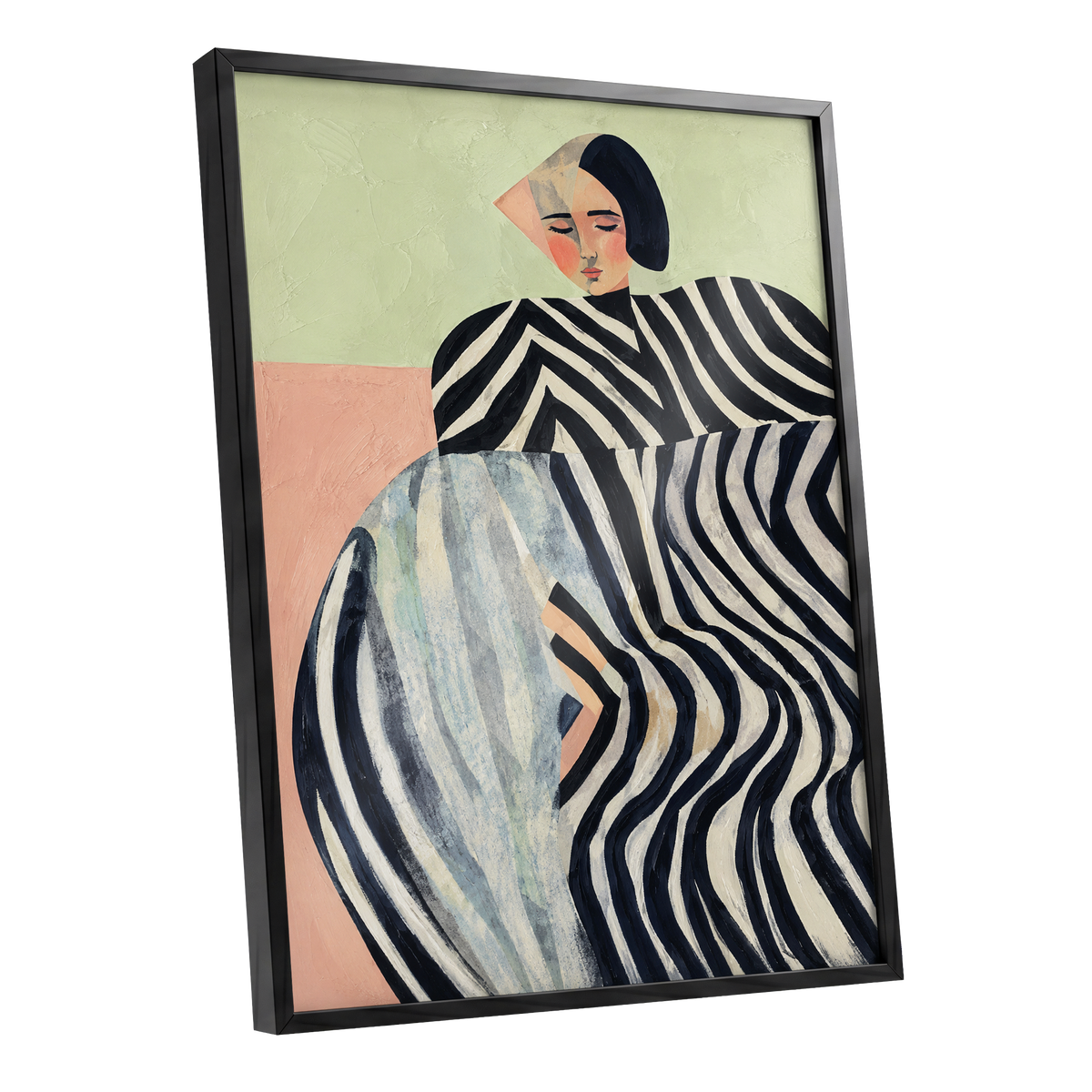 Quiet Stripe Reverie, black, beige, green abstract wall art shown as a black framed poster wall art print