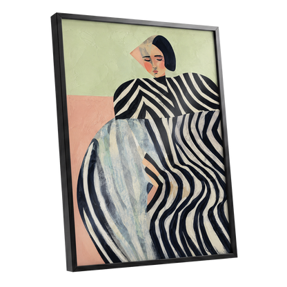 Quiet Stripe Reverie, black, beige, green abstract wall art shown as a black framed poster wall art print
