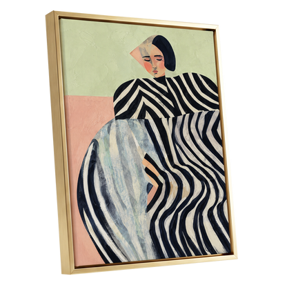Quiet Stripe Reverie, black, beige, green abstract wall art shown as a gold framed canvas wall art
