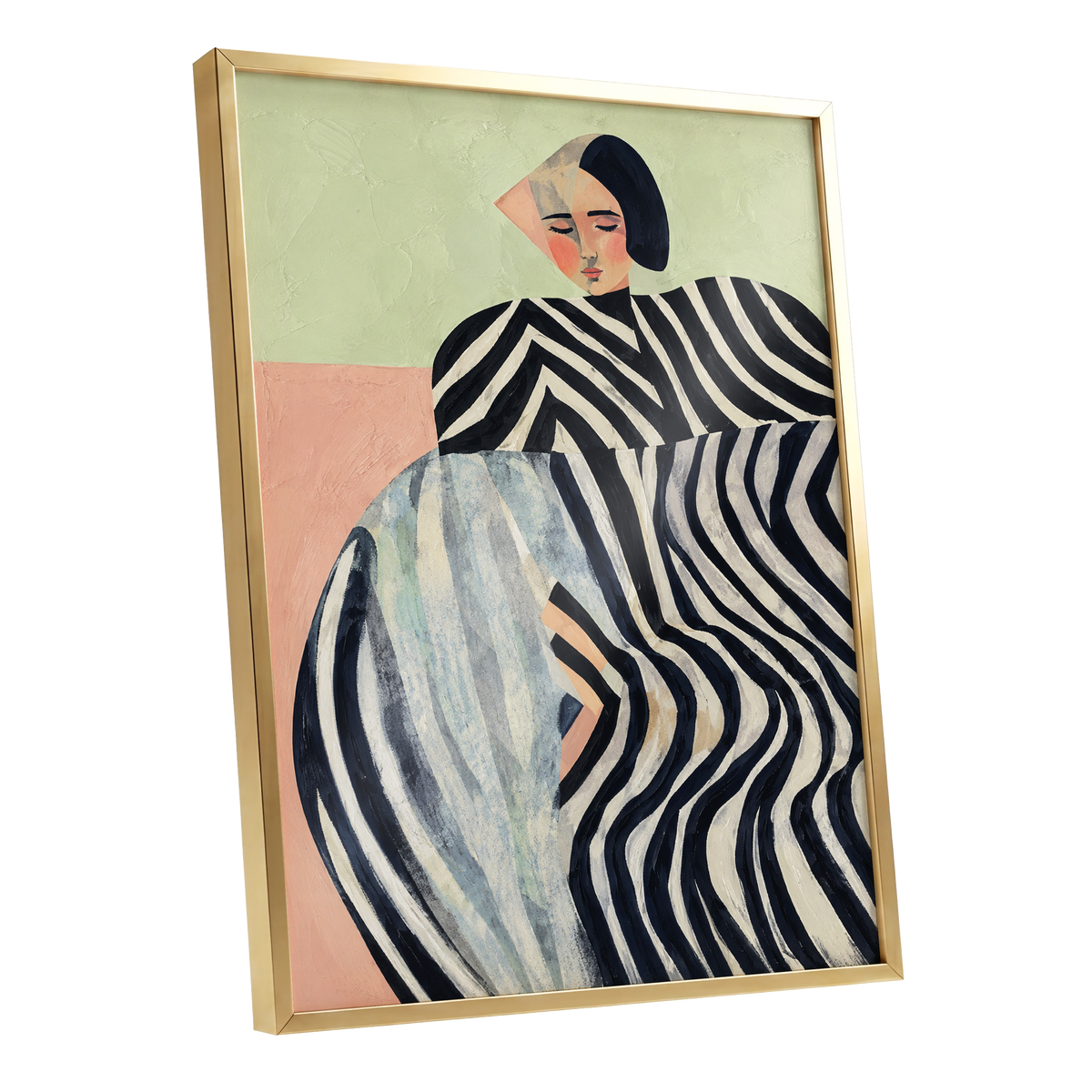 Quiet Stripe Reverie, black, beige, green abstract wall art shown as a gold framed poster wall art print