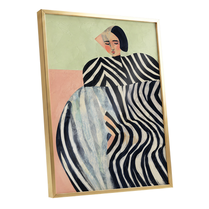 Quiet Stripe Reverie, black, beige, green abstract wall art shown as a gold framed poster wall art print