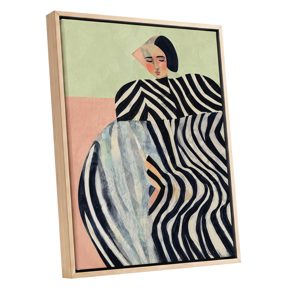Quiet Stripe Reverie, black, beige, green abstract wall art shown as a oak framed canvas wall art