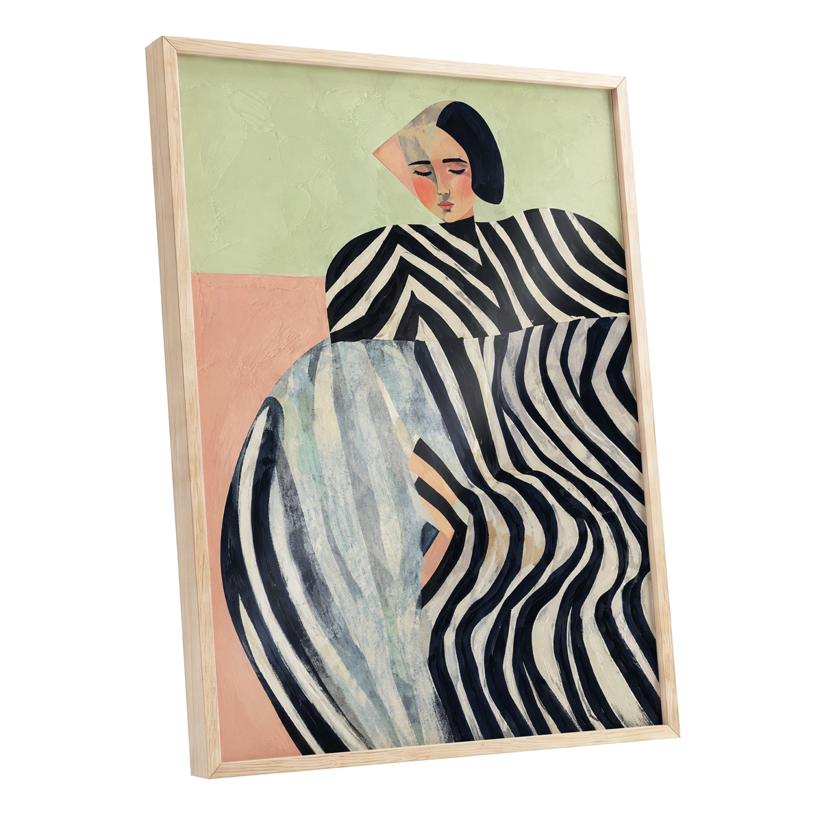 Quiet Stripe Reverie, black, beige, green abstract wall art shown as a oak framed poster wall art print