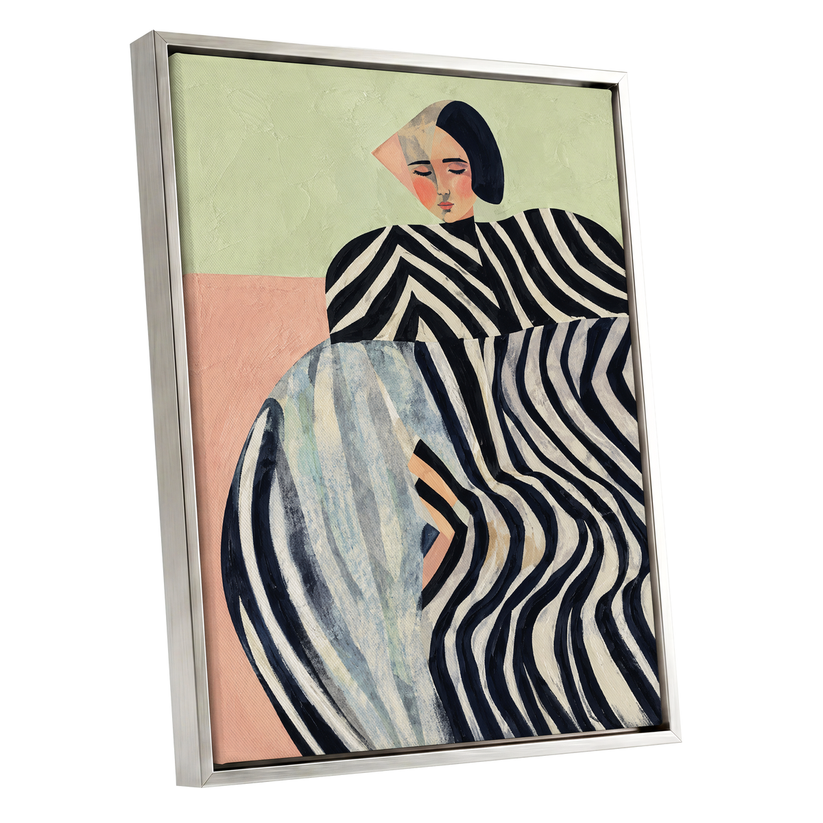 Quiet Stripe Reverie, black, beige, green abstract wall art shown as a silver framed canvas wall art