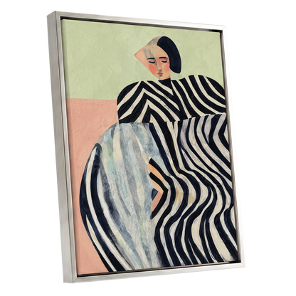 Quiet Stripe Reverie, black, beige, green abstract wall art shown as a silver framed canvas wall art