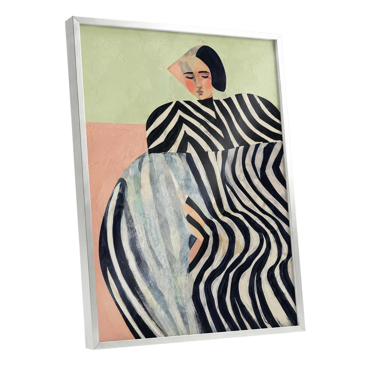 Quiet Stripe Reverie, black, beige, green abstract wall art shown as a silver framed poster wall art print